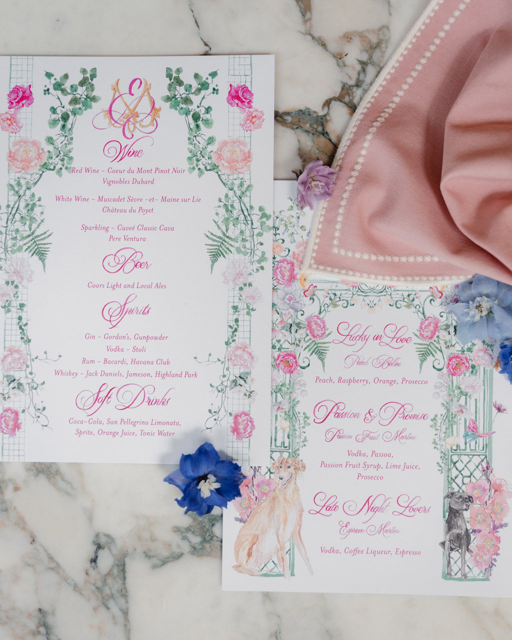 Event management designed menu cards