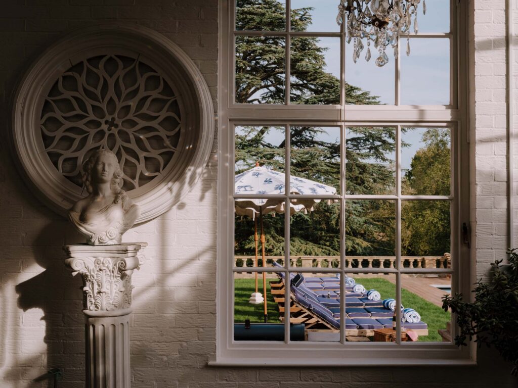 Berkshire luxury mansion window view to swimming pool